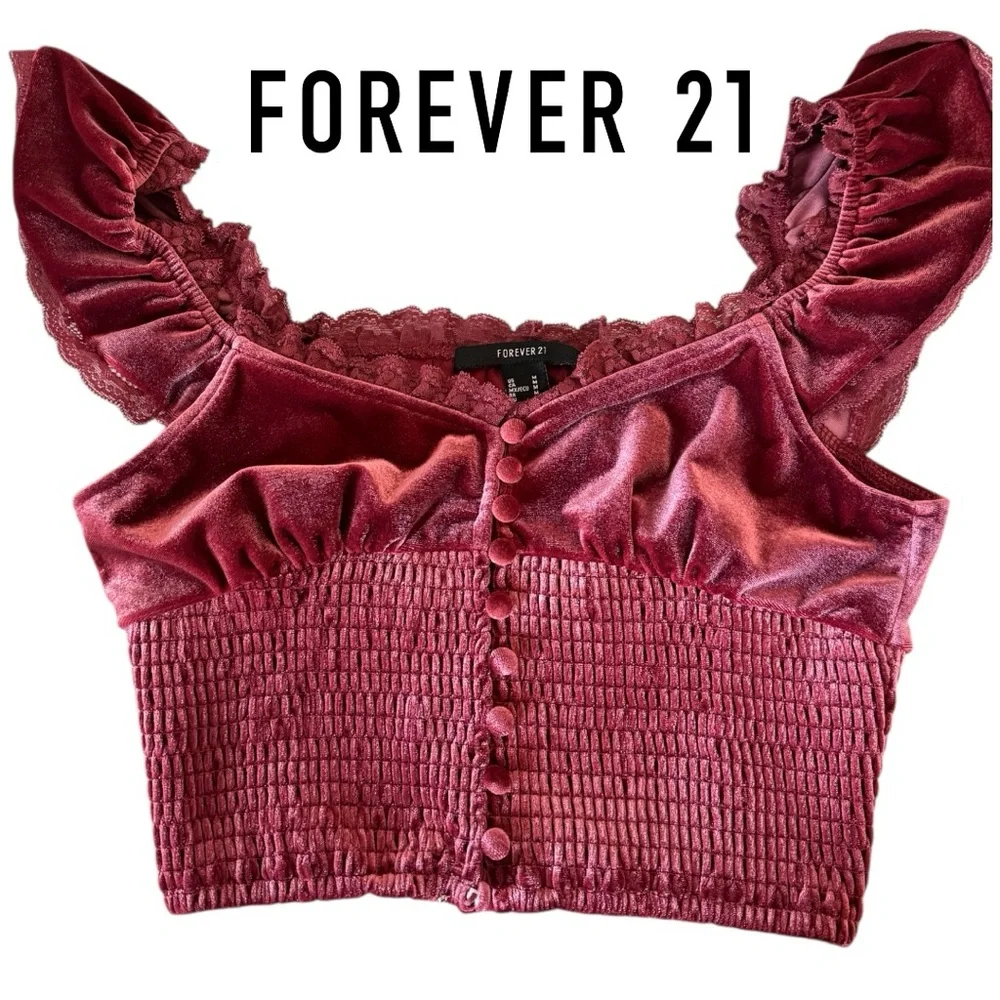 Forever 21 Burgundy Velvet Lace Crop Top | Romantic Parisian Coquette - Picture 3 of 8
